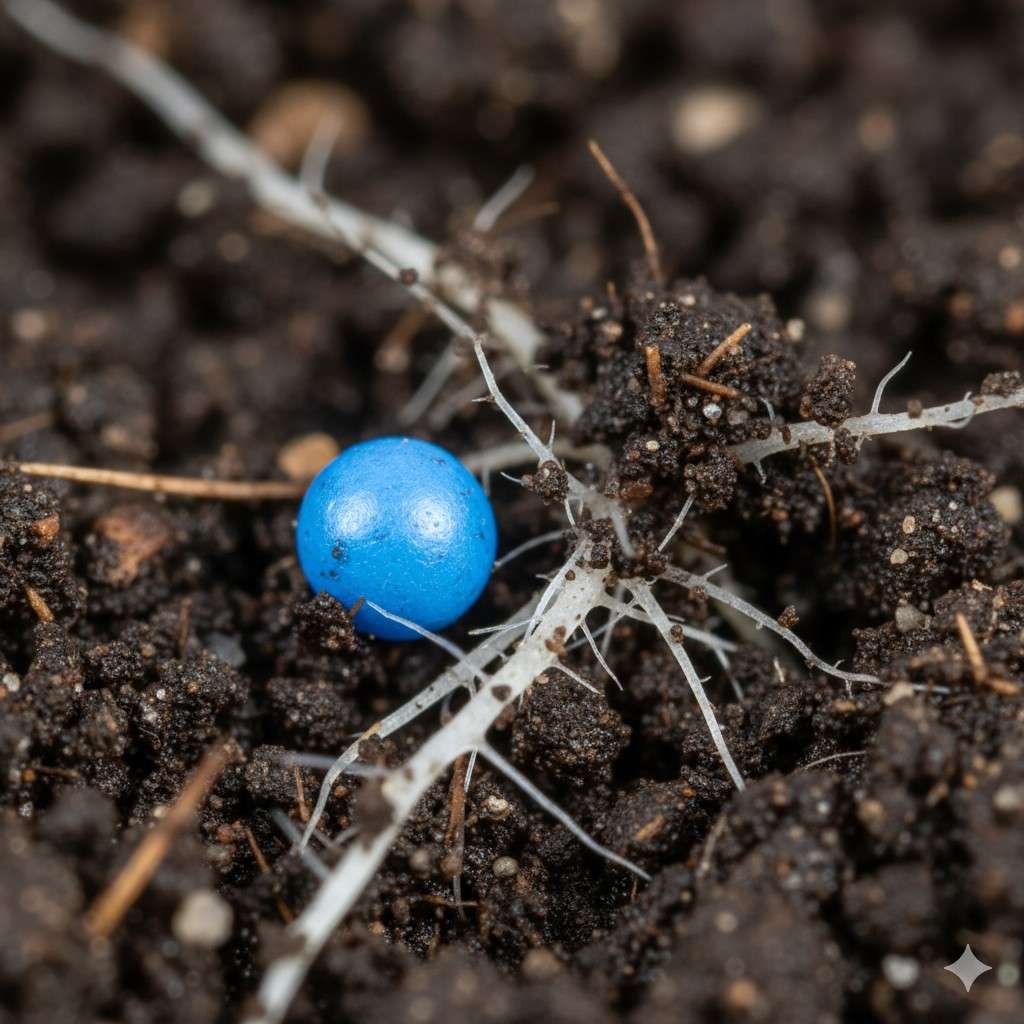 A detailed close-up of a small, colorful microplastic bead nestled in the soil next to the fine roots of a plant.