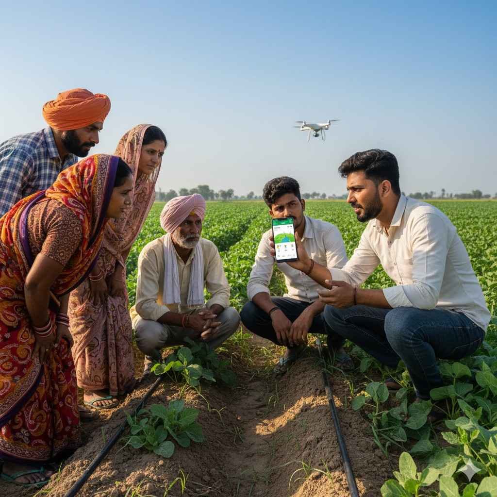 Farmers learning together through mobile advisory and precision tools, building knowledge and resilience in the field.