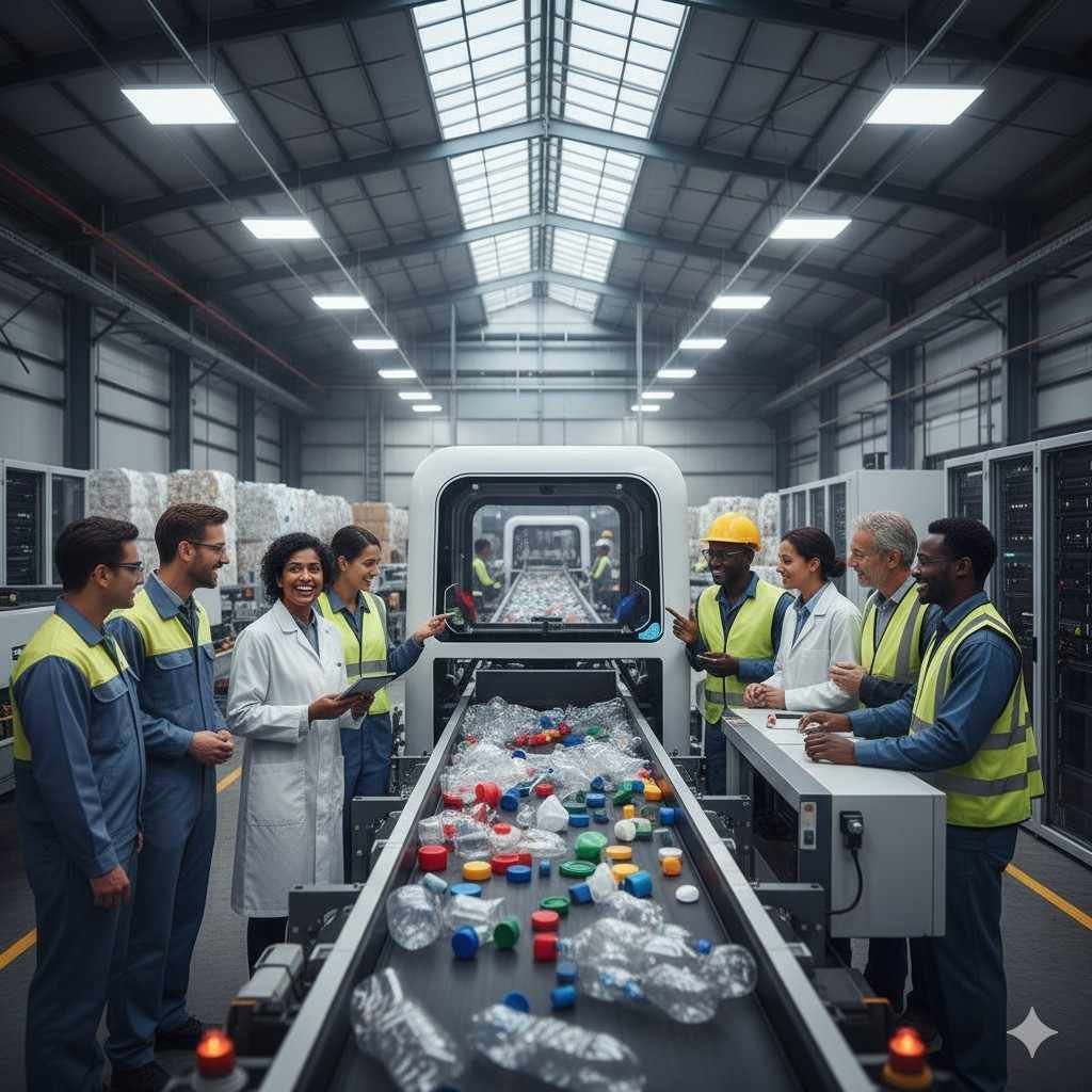 A group of diverse people working at a modern recycling facility, sorting plastic waste with new technology.