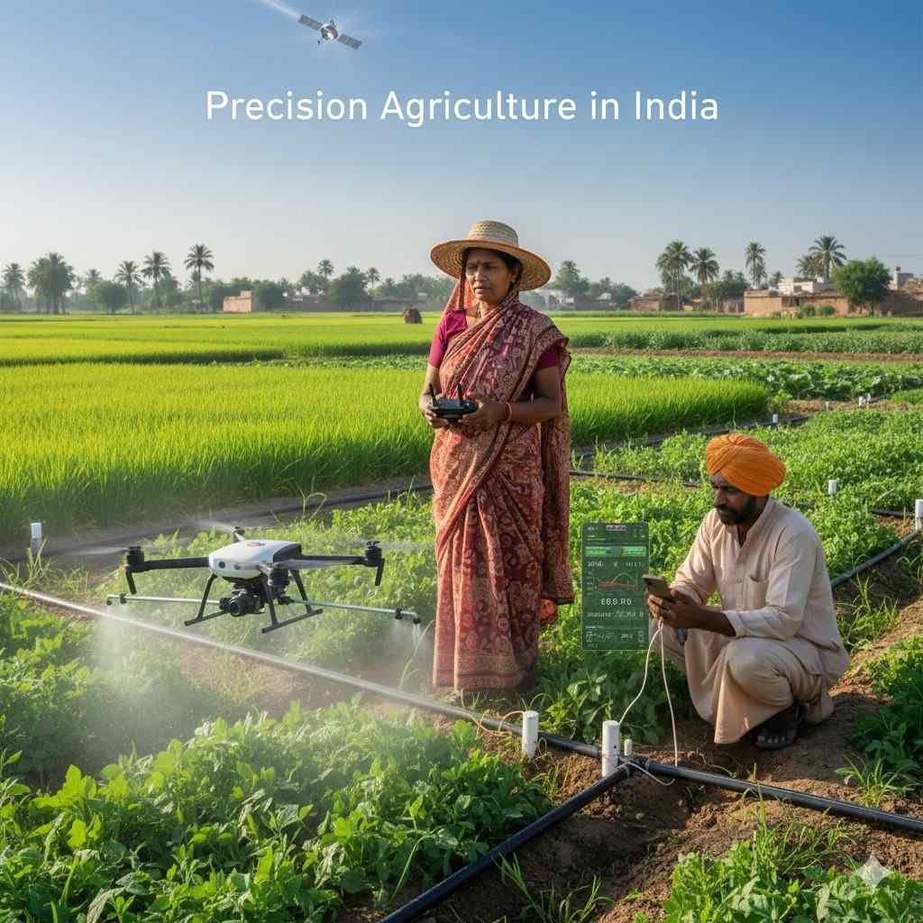 Smallholder farmers in rural India using precision agriculture tools — a woman operates a drone, another checks a smartphone, with IoT sensors and drip irrigation visible in a green field, symbolizing the blend of tradition and technology.