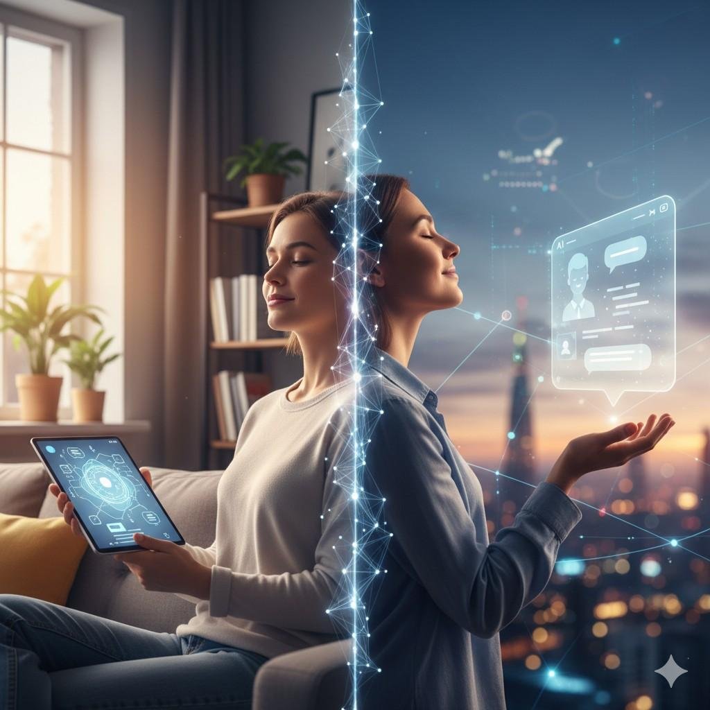 A split-image featured image for an article on mental health technology. On the left, a person is shown in a calm, modern living room, holding a tablet displaying a clean, geometric wellness interface. The right side shows the same person, now with their eyes closed, a peaceful expression on their face, and their hand outstretched toward a cityscape at sunset. A glowing, abstract network of lines and dots connects the two halves of the image, with a holographic chatbot icon floating above the outstretched hand.