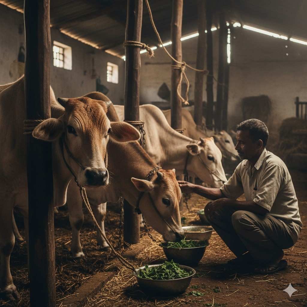 Close-tethered Indian dairy cows inside a dim shed with limited movement, showing lack of comfort and welfare issues in the dairy sector.