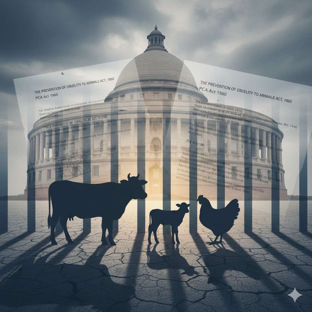 Illustration of India’s Parliament with animal silhouettes behind symbolic bars, representing weak animal protection laws and regulatory gaps.