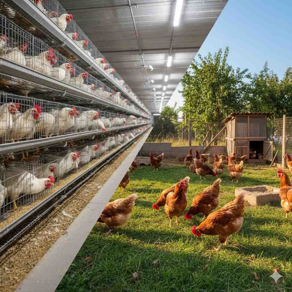 Interior of a crowded Indian poultry farm with chickens in cages contrasted against a small outdoor section of cage-free hens, symbolizing animal welfare reform.