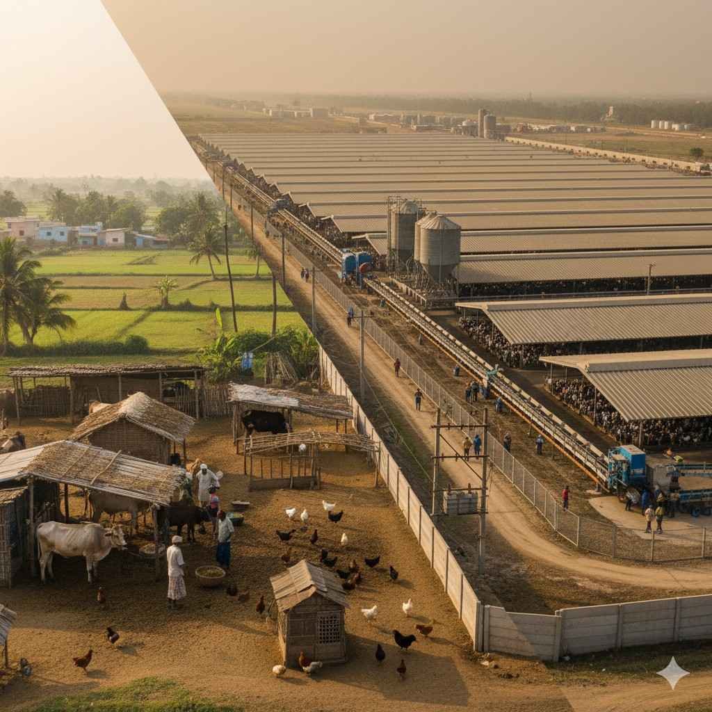 A wide view of Indian dairy and poultry farms transitioning from traditional rural setups to large industrial facilities, showing modernization and animal welfare concerns.